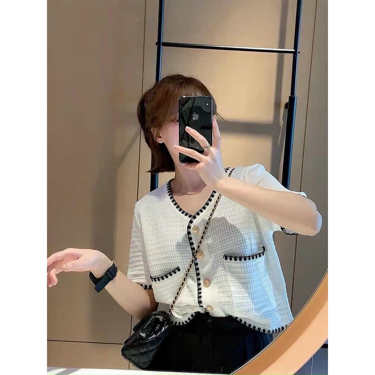 Áo croptop chất len, áo len mongtoghi mùa hè cài khuy đồng hàng Quảng Châu AL002