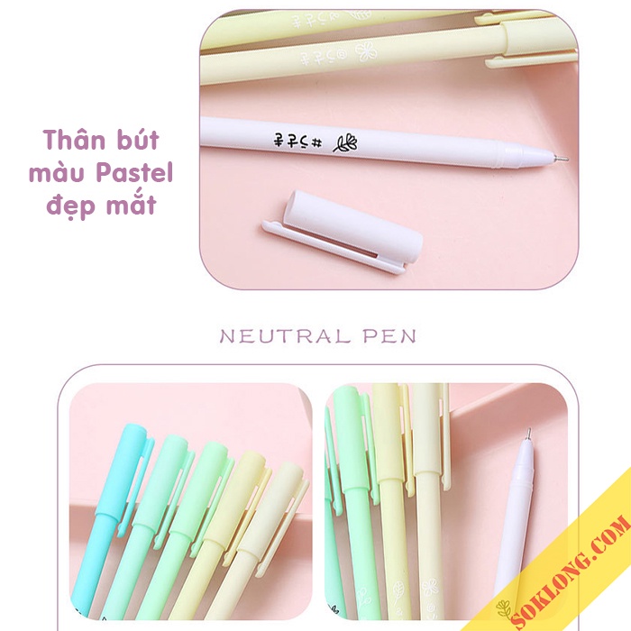 Bộ 6 bút gel mực đen B55 Bút bi 0.5mm nhiều màu Pastel tông kẹo ngọt dễ thương