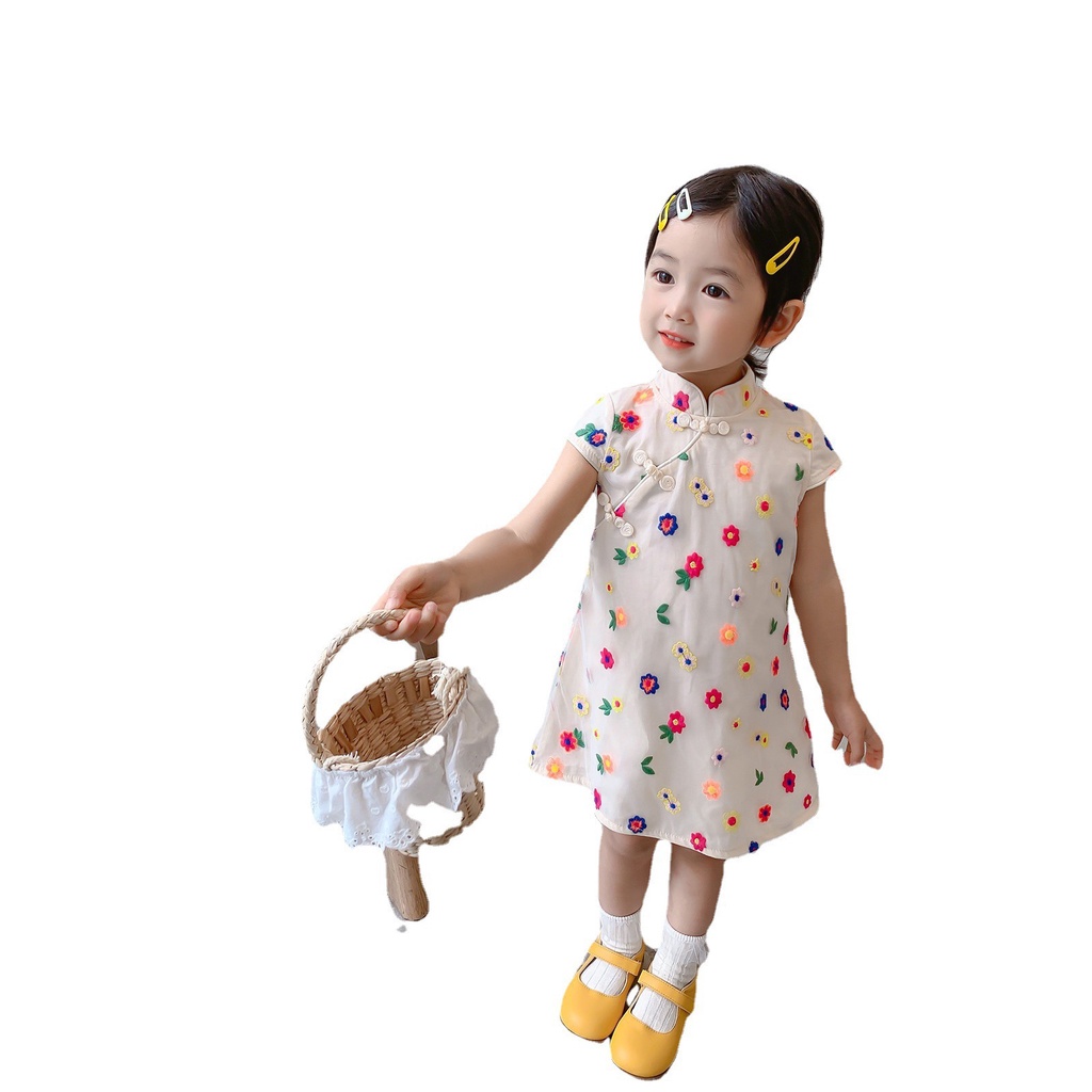 SANITKUN Đầm Sườn Xám Thêu Hoa Dễ Thương Cho Bé Gái