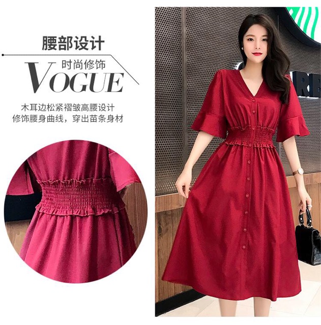 (Order) có bigsize Đầm cổ V chun eo dáng xoè dài cài cúc