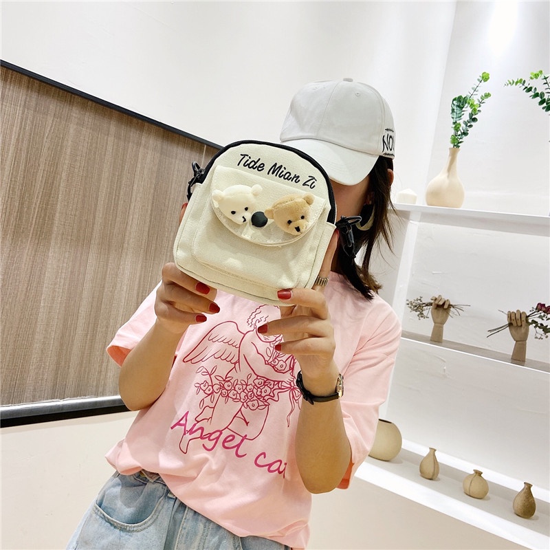 Túi đeo vai vải canvas mềm kiểu Hàn Quốc dễ thương cho nữ sinh