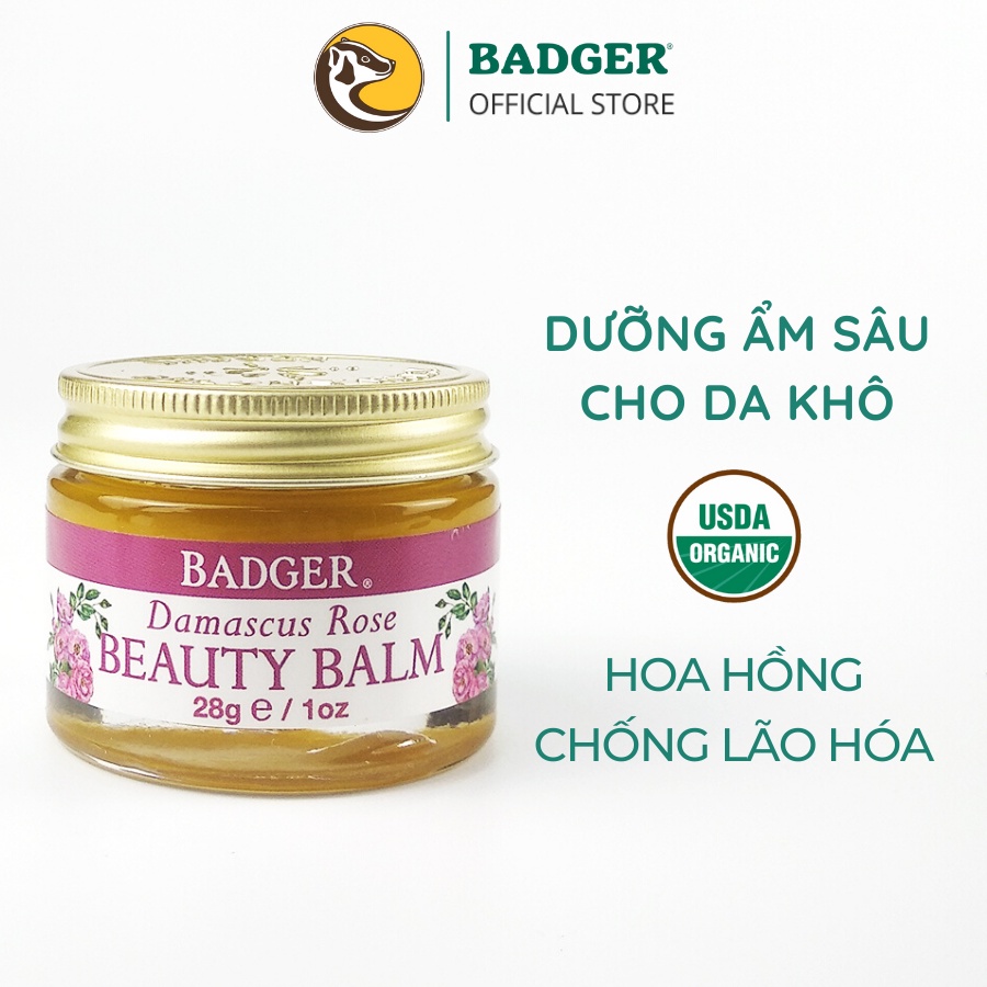 Sáp dưỡng da hoa hồng hữu cơ BADGER Rose organic beauty balm - Dưỡng ẩm sâu cho da khô và da lão hóa - 28g