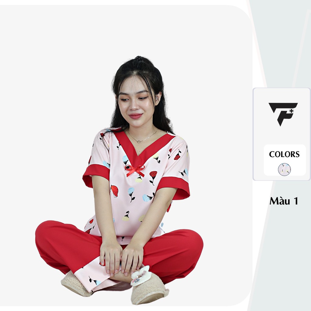 Bộ pijama đồ ngủ lụa tiểu thư quần dài tay ngắn họa tiết nơ dễ thương FPLUS 305