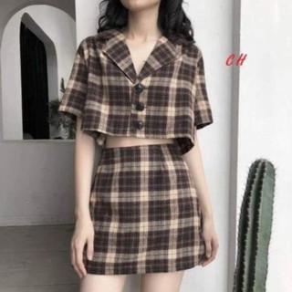 sét áo véc kẻ croptop ngắn tay + chân váy ngắn body