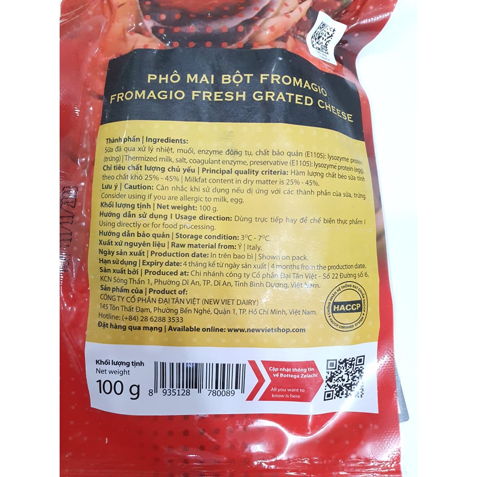💥FREESHIP💥 Bột Phô mai trắng Parmesan Fromagio 100gr [ 7/2021]