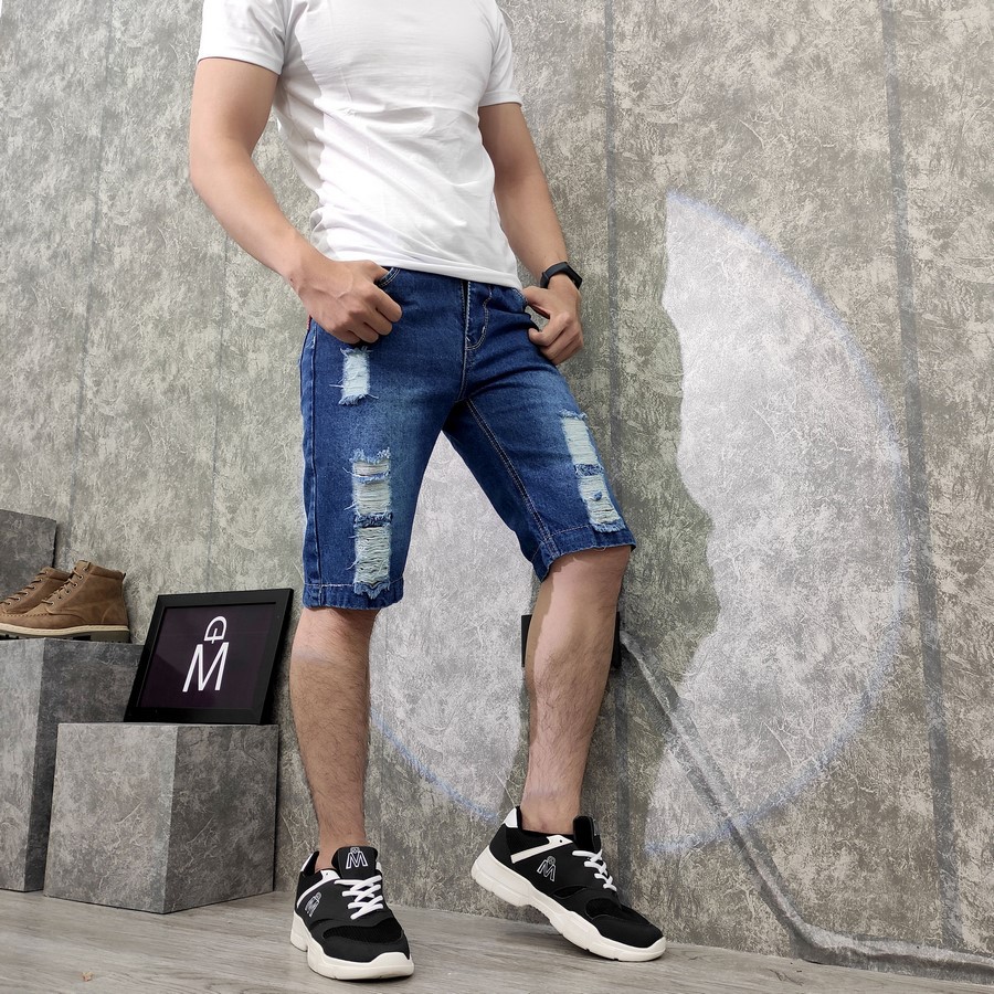 Quần short jeans nam xanh rách vải dày Q418 MĐ