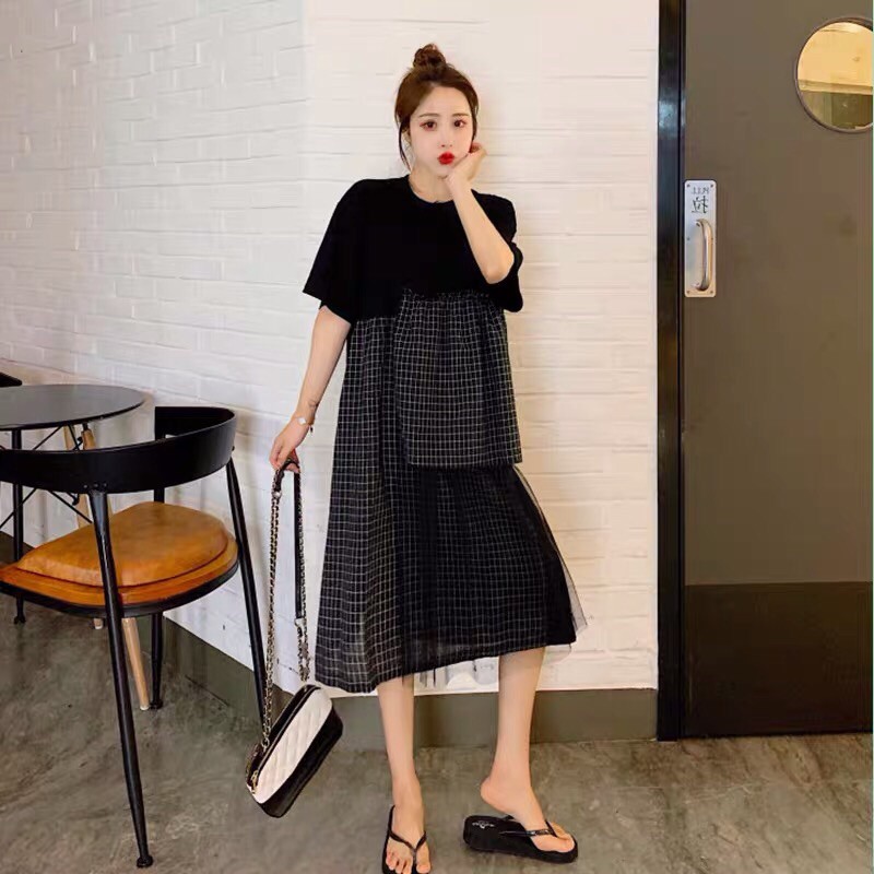 {Order bigsize,L-4xl}Váy thun phối ren kẻ cắt tầng xinh xắn