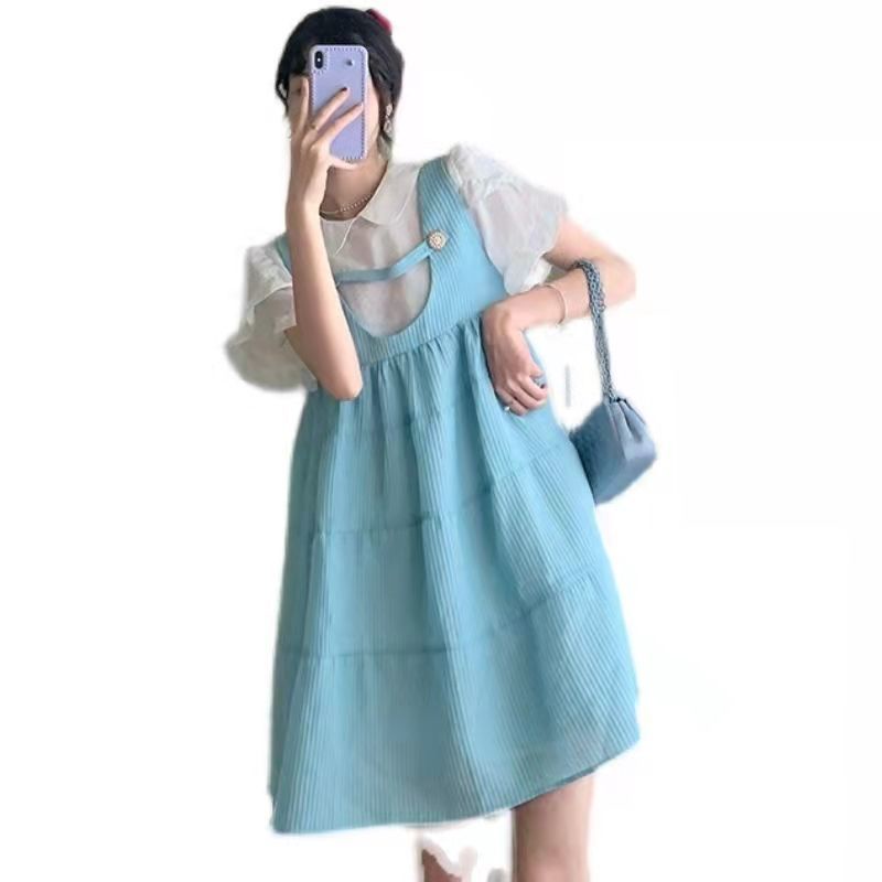 Set Áo Sơ Mi Cổ Búp Bê Tay Phồng + Đầm Hai Dây Dáng Chữ a Thời Trang Cho Nữ