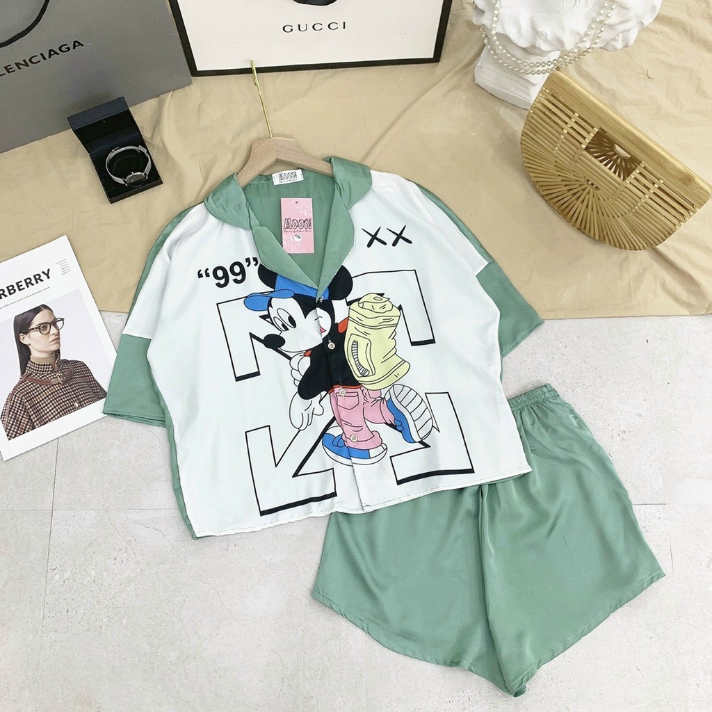 BỘ PYJAMA ĐÙI TAY DƠI MẶC NHÀ LỤA SATIN IN HÌNH 3D NHIỀU MẪU