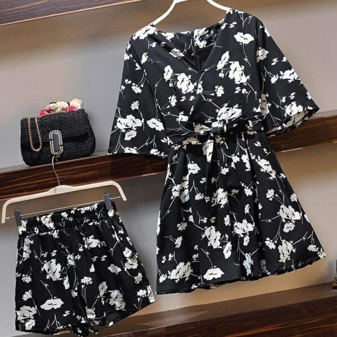 ĐẦM/Jumpsuit HOA ĐEN TRẮNG KÈM QUẦN