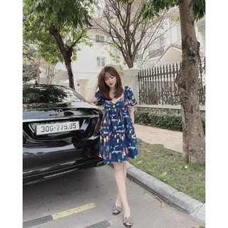 Váy suông BABY DOIL in họa tiết tay bồng thắt nơ ngực