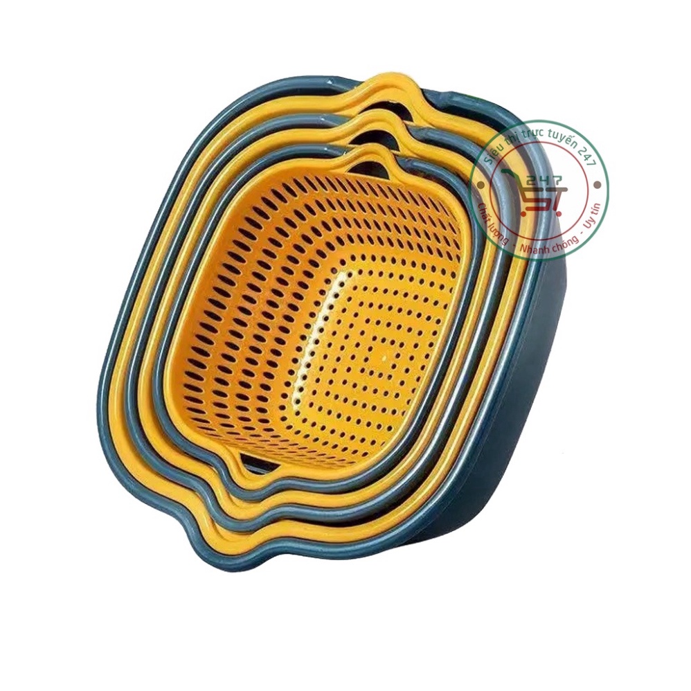 Bộ 6 món thau rổ nhựa chữ nhật đựng trái cây chứa đồ tiện lợi gọn nhẹ cho gia đình