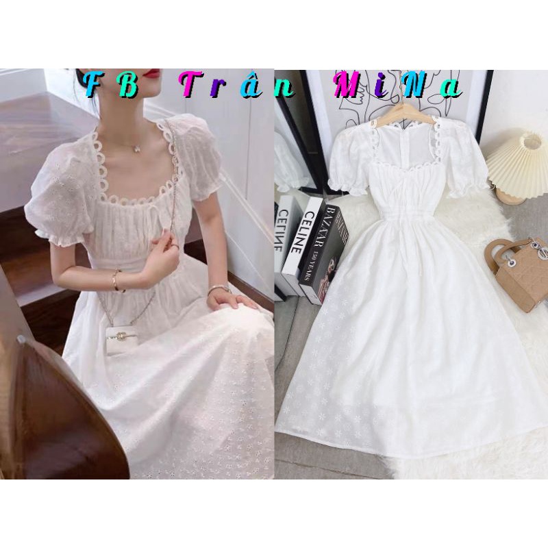 ĐẦM TRẮNG XÔ HOA CỔ VUÔNG VIỀN REN XẾP NGỰC (a3)