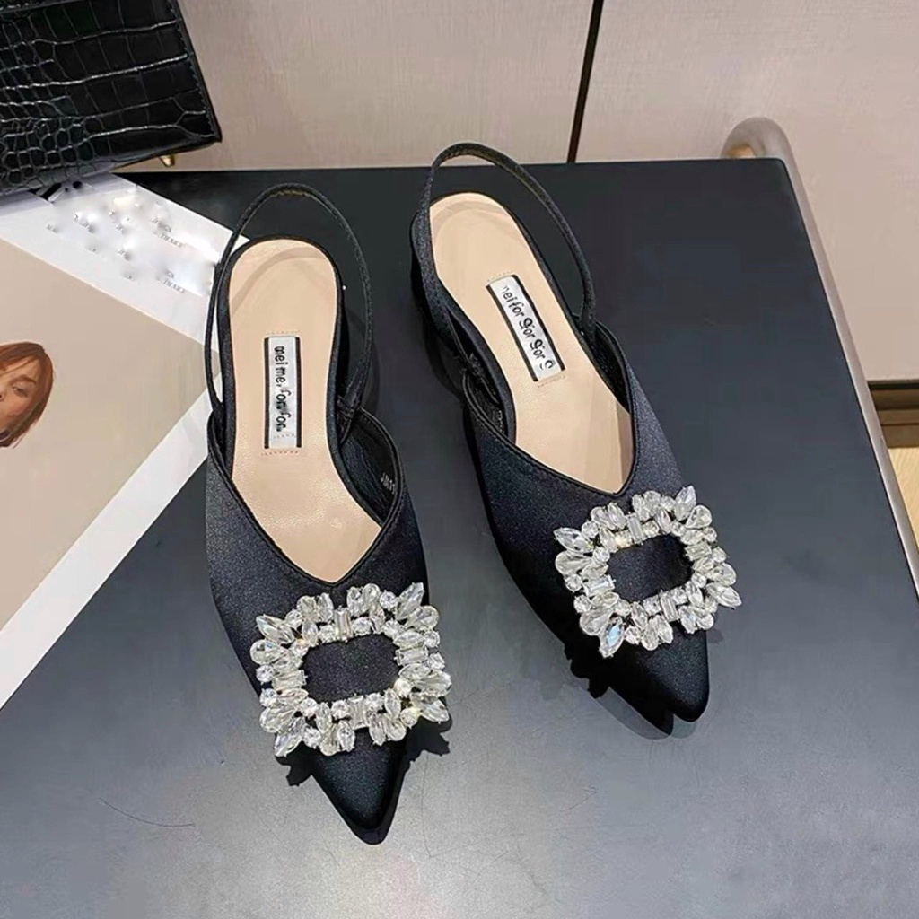 Sandal bít mũi nơ đá trắng vuông gót trụ thấp - 2P