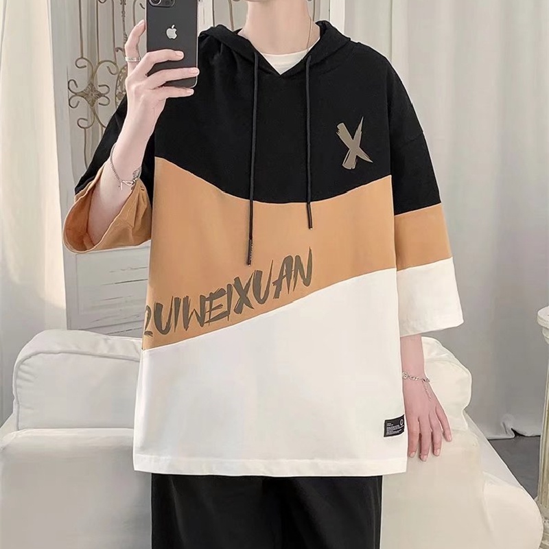 Áo Hoodie Tay Ngắn Dáng Rộng In Chữ Phong Cách Hip Hop Đường Phố Hàn Quốc Thời Trang Cho Nam Cỡ M-3XL