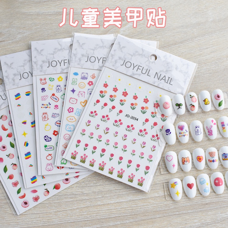 Sticker nail hoạt hình gấu, sticker hoa dán móng tay