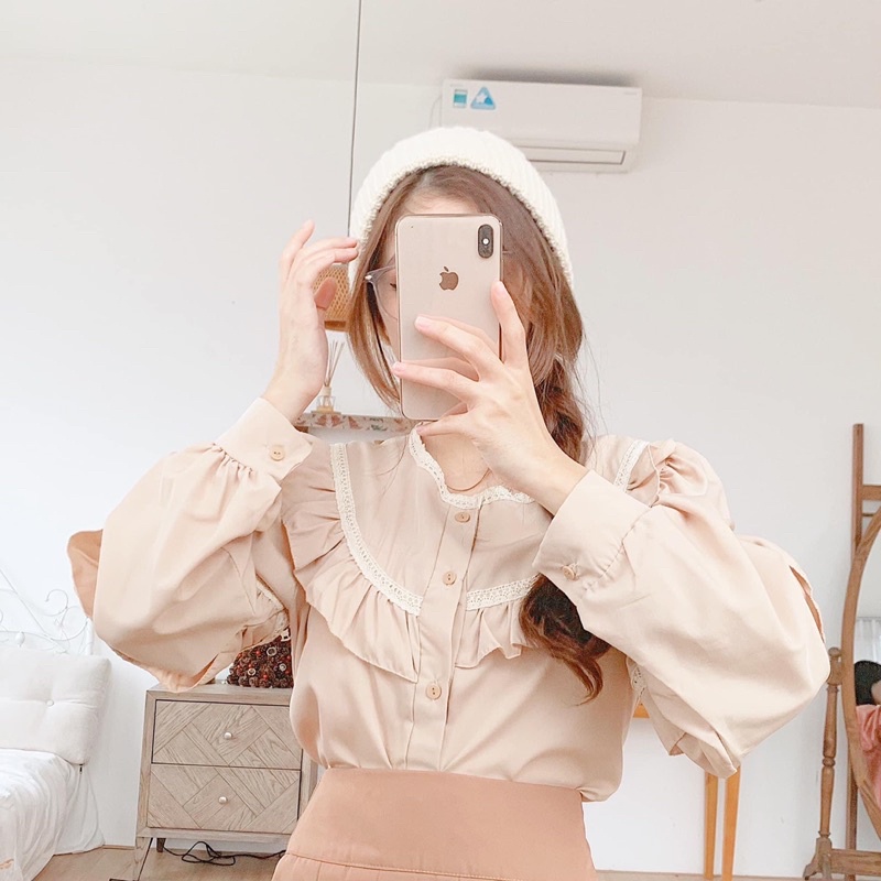 Áo Sơmi Cổ Bèo Tay Phồng Tiểu Thư Tay dài ba màu cổ tròn phối ren phong cách Hàn quốc