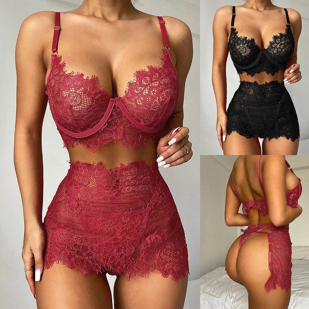 Bộ Đồ Ngủ Ren 3 Món Áo Ngực + Chân Váy Ngắn Màu Đen Quyến Rũ Dành Cho Nữ