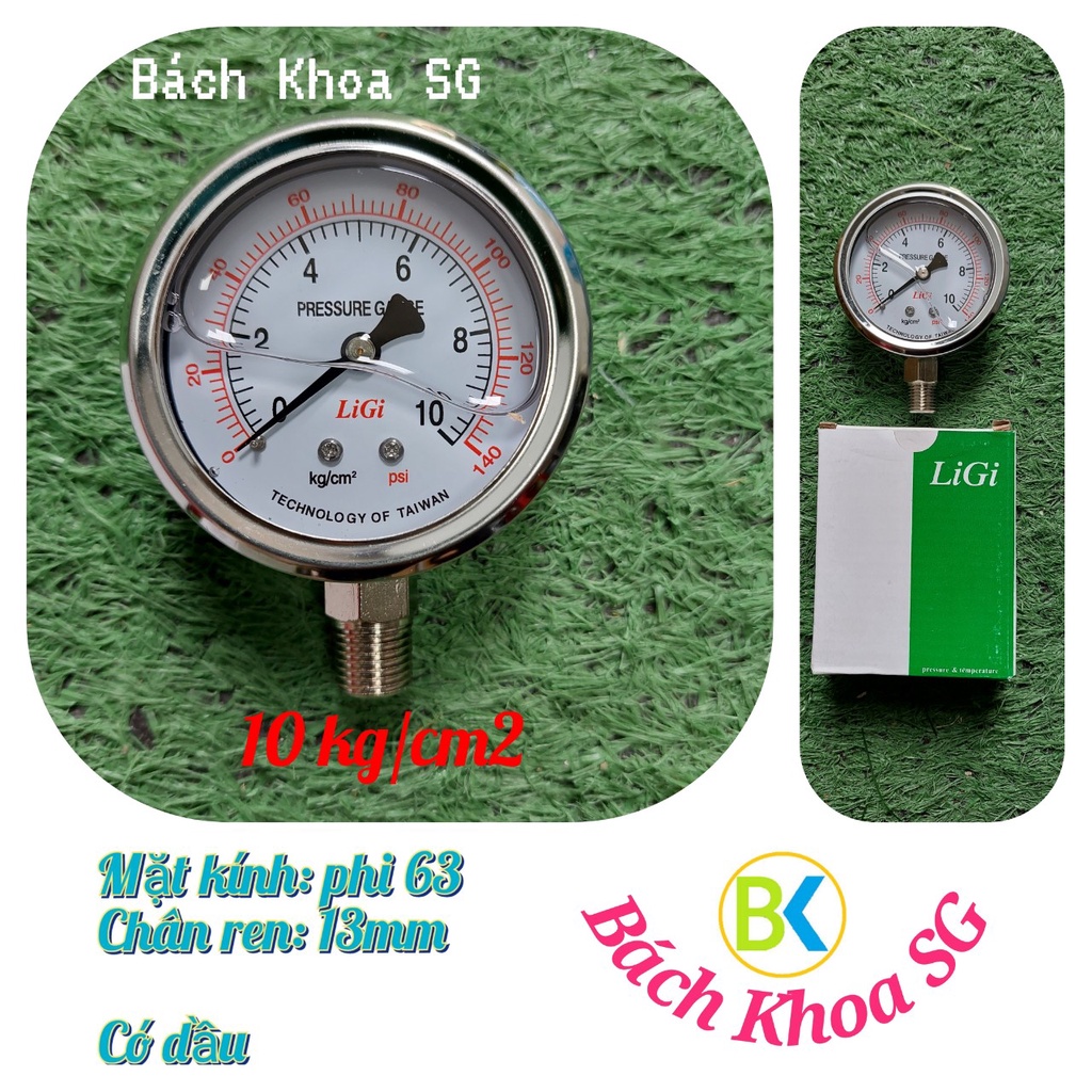 Đồng hồ đo áp suất có dầu Ligi 10 kg - 20 kg - 25kg, phi 63, chân ren 13mm
