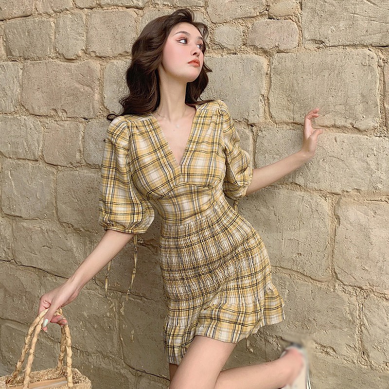 Đầm tay phồng ngắn cổ chữ V ôm dáng họa tiết sọc caro thời trang quyến rũ cho nữ