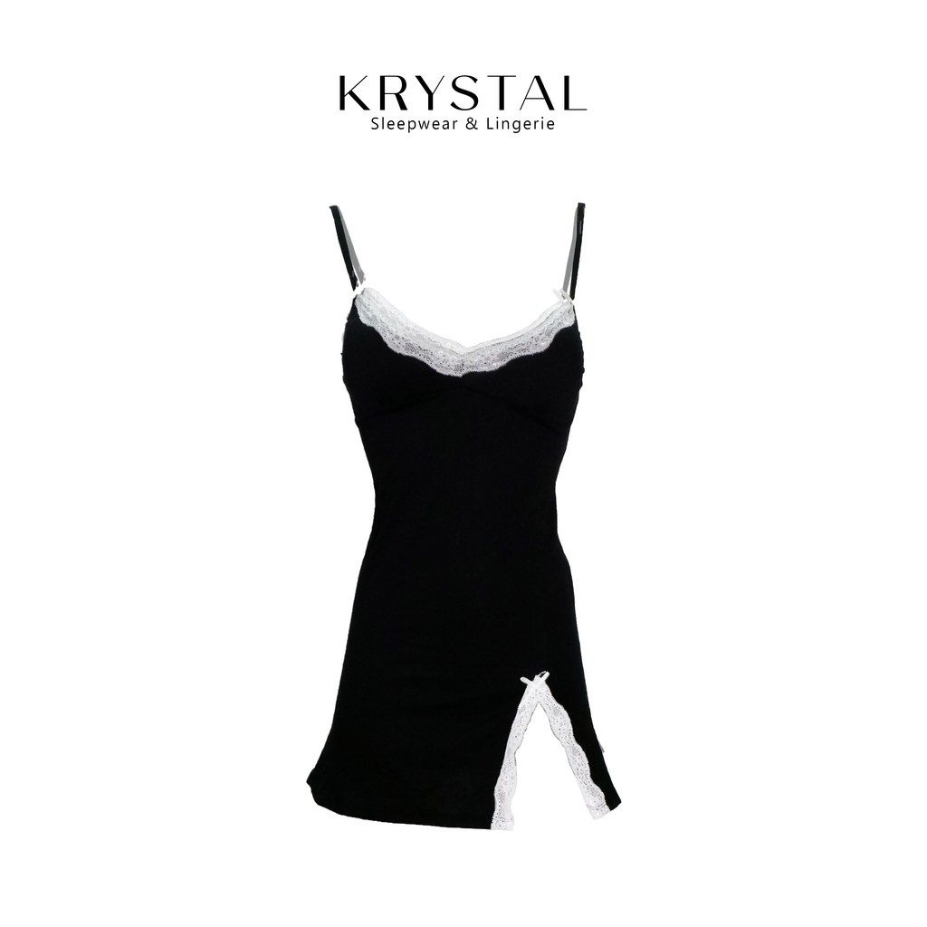 Váy cotton đen xẻ đùi viền ren trắng KRYSTAL KV10