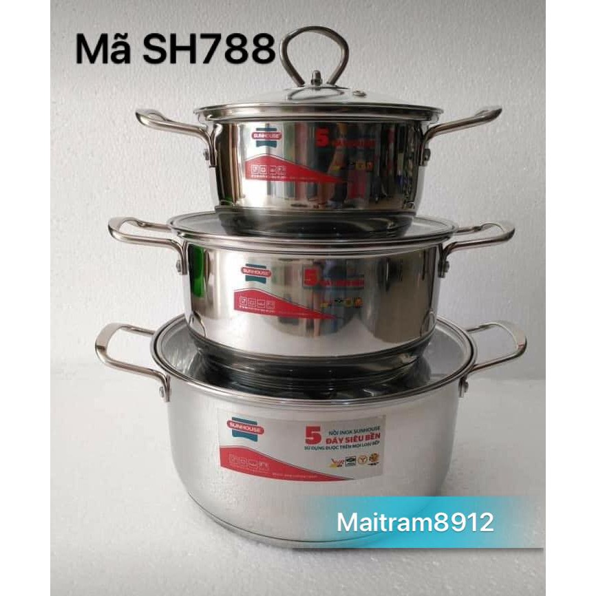 BỘ 3 NỒI INOX 5 ĐÁY SUNHOUSE SH781 - 787 - 788, dùng được mọi loại bếp, kể cả bếp điện từ