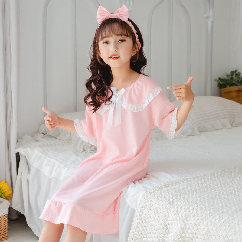 Đầm ngủ Cotton mỏng ngắn tay phối ren thời trang mùa hè cho bé gái