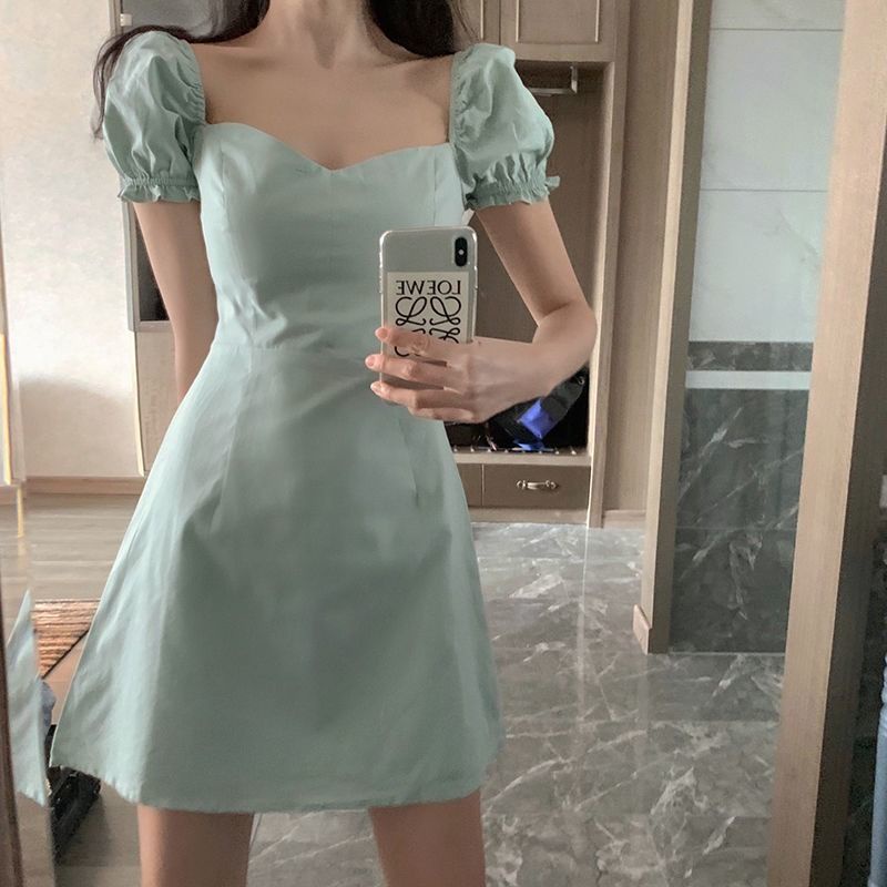 Đầm Chữ A Tay Phồng Cổ Vuông Màu Xanh Bạc Hà Phong Cách Pháp Thời Trang Cho Nữ