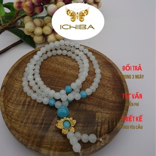 Vòng tay chuỗi hạt 108 hạt trắng phối xanh aqua