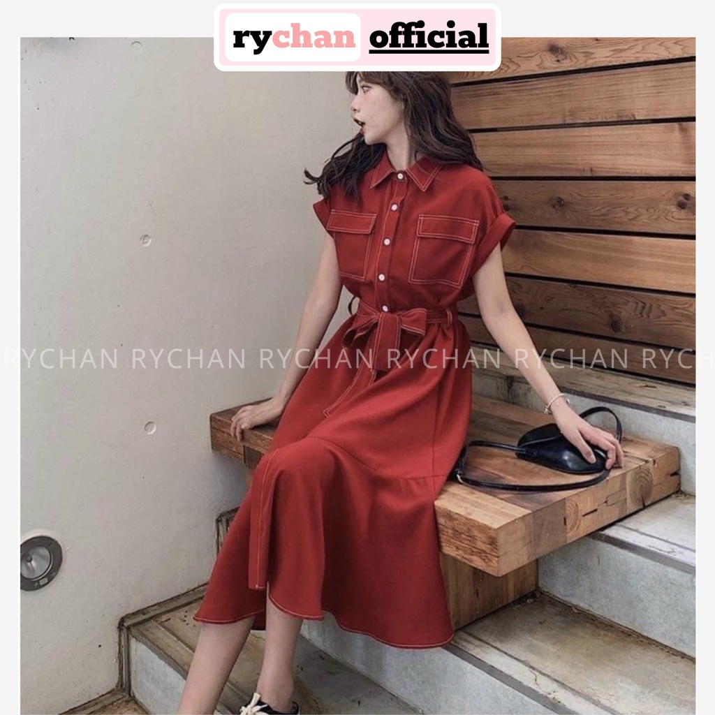 Đầm Công Sở Cổ Sơ Mi Túi Hộp Tay Ngắn Nút Trắng Thắt Eo Đuôi Cá Phối Viền Màu Đỏ Xanh Đen - DX9841