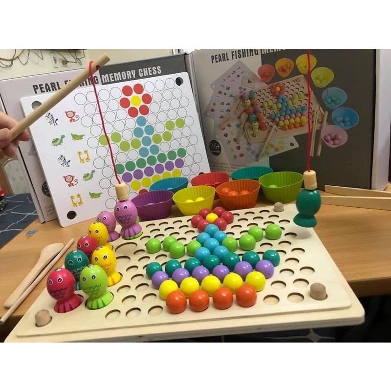 Bộ gắp hạt gỗ montessori 3 trong 1 câu cá lật hình thông minh cho bé
