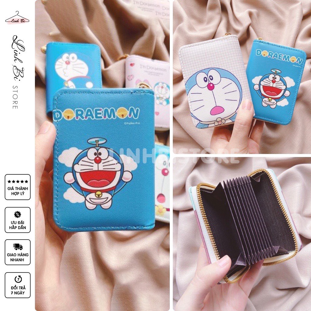 Ví Da Mini Cầm Tay 10 Ngăn Doraemon LINHBI, cầm tay khóa kéo tiện dụng da PU bền đẹp, phong cách Hàn Quốc