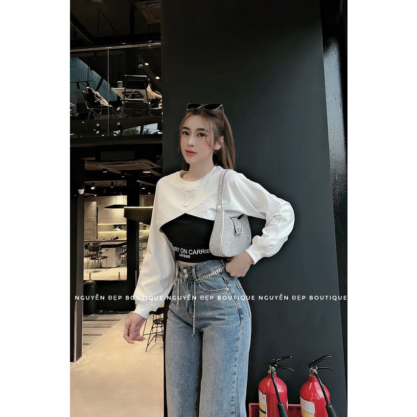 áo tay dài kiểu 2 lớp phối croptop in chữ áo ngoài phối xích đẹp