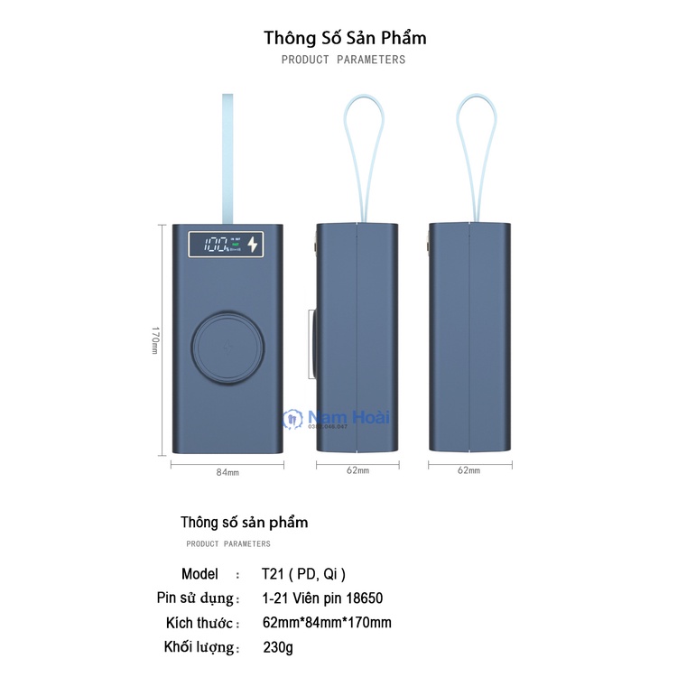 Box sạc dự phòng 21 cell pin T21 sạc nhanh QC,PD 3.0 , sạc nhanh không dây