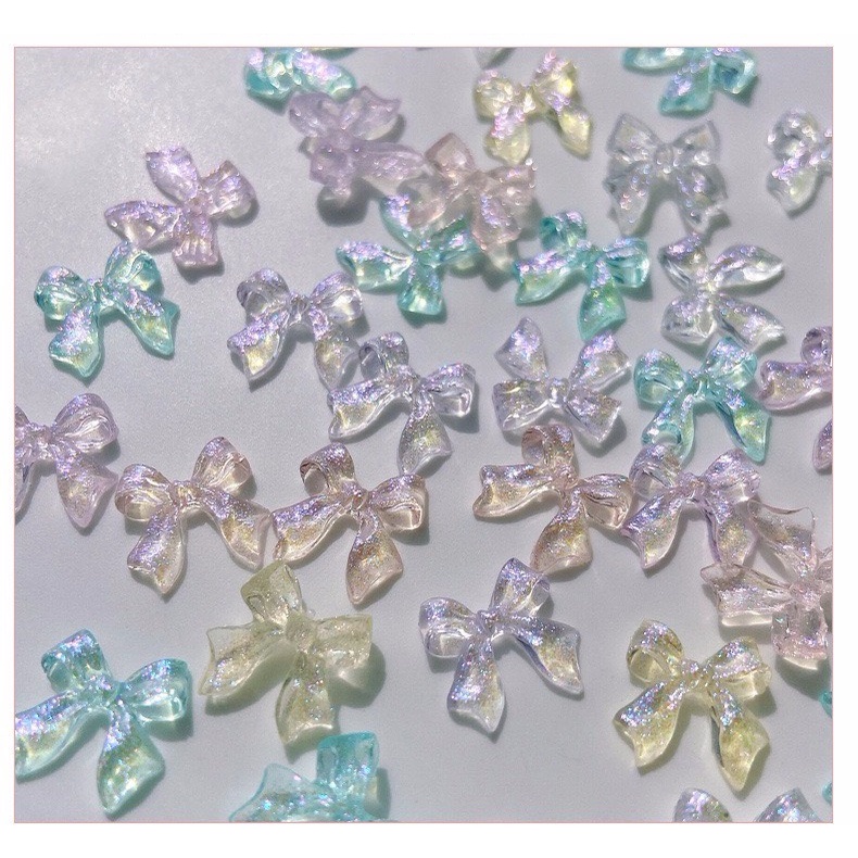 Set 10 charm nơ, gấu, tim, tim đào xà cừ ánh nhũ mix màu đính móng