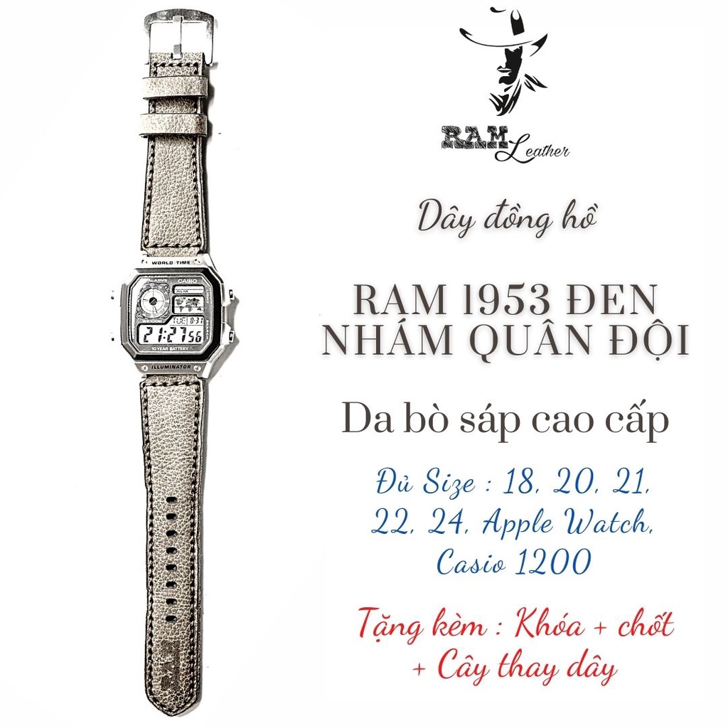 Dây đồng hồ RAM Leather 1953 cho CASIO 1200, AE 1200, 1300, 1100, A159 , A168 , Size 18 da bò sáp đen nhám