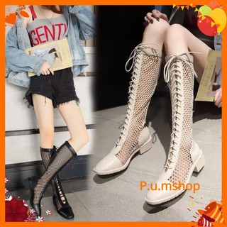 (Order) Boots lưới cổ cao phối da PU gót vuông 4cm cao câp