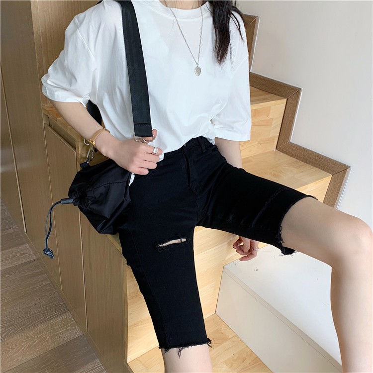 Xiaozhainv Quần đùi vải denim rách lưng cao cá tính dành cho phái đẹp | BigBuy360 - bigbuy360.vn