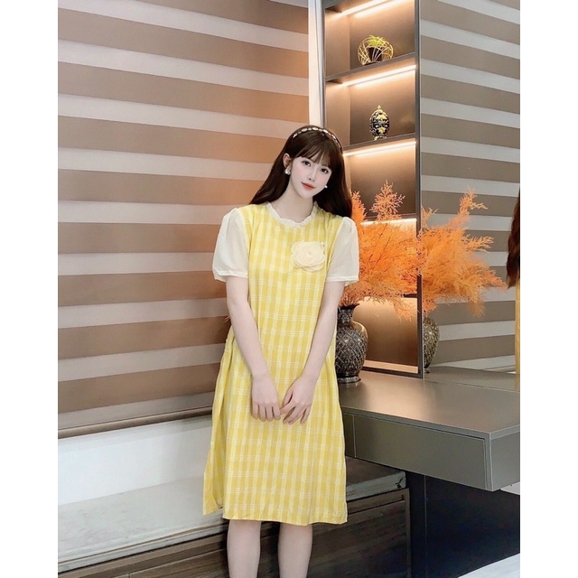 Váy bầu thời trang thiết kế MAMADRESS chất đũi lụa có HOA NGỰC mềm mại, nhẹ nhàng và mát V14