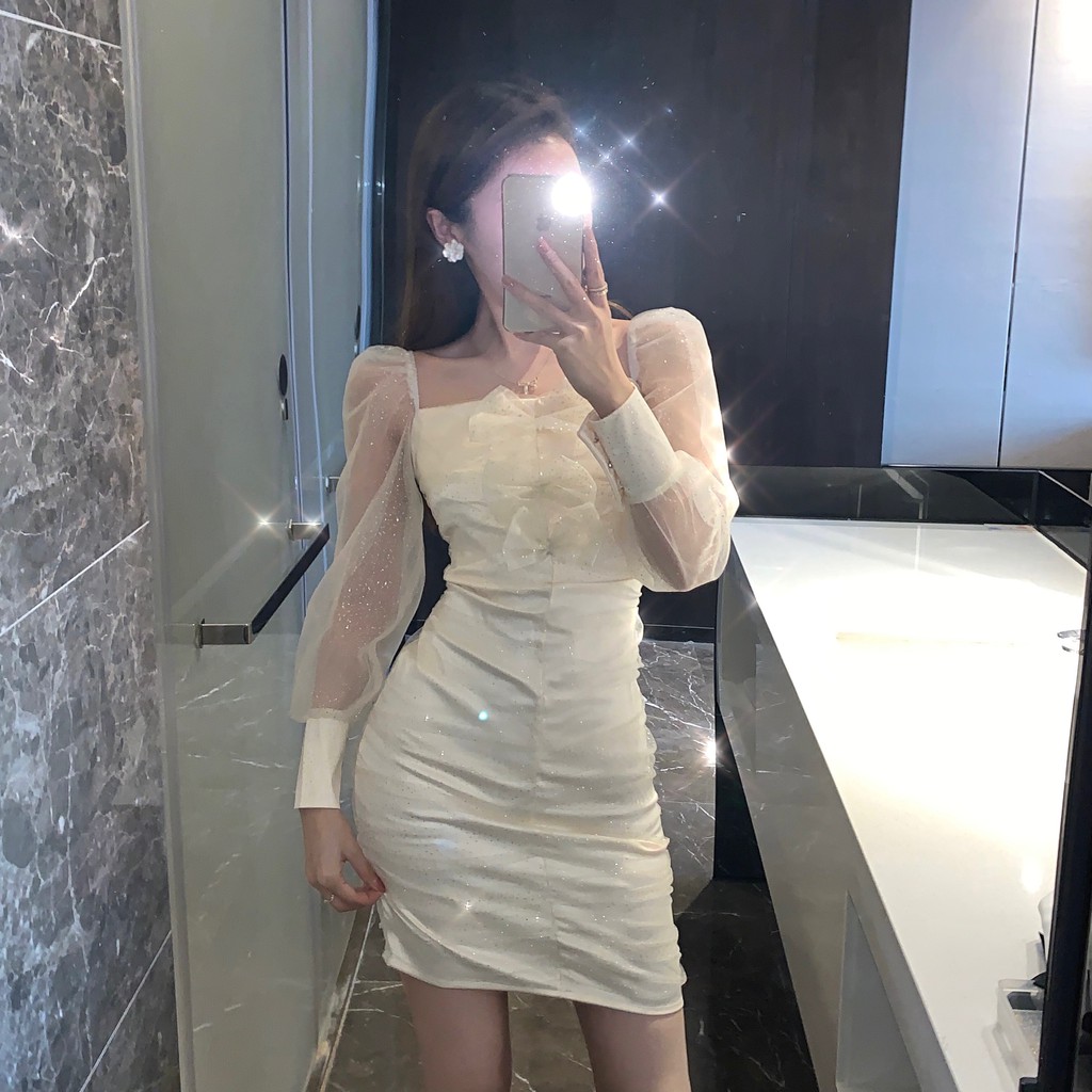 [ORDER ~15NGÀY] ĐẦM BODY CỔ VUÔNG TAY DÀI PHỐI LƯỚI ✿ ROSASOONIE