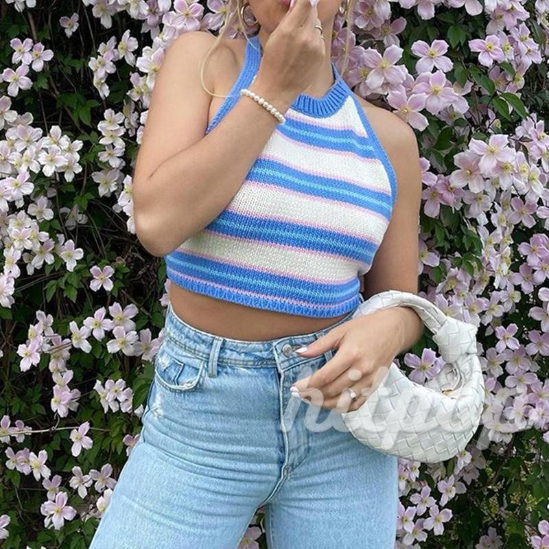Áo croptop không tay cổ yếm hở lưng họa tiết sọc ngang màu xanh lá/xanh làm thời trang cho nữ