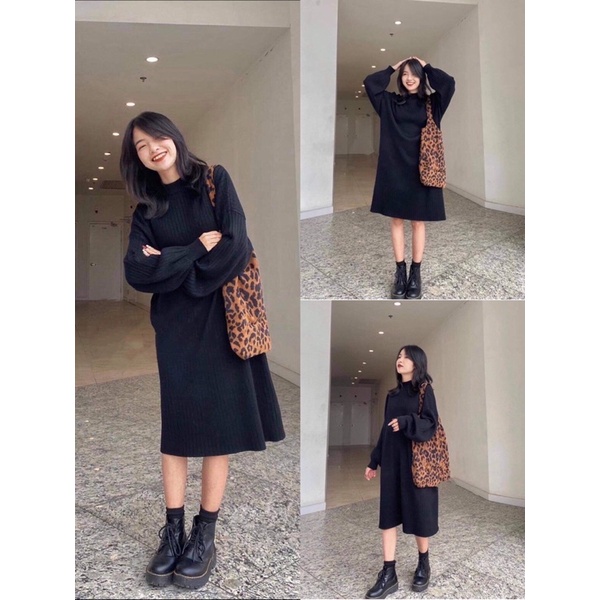 Váy Thun Tăm Trơn 3P Nữ [FREESHIP] 🌸 Đầm midi dáng suông dài tay, cổ 3 phân trơn màu ĐEN Ulzzang 🌸