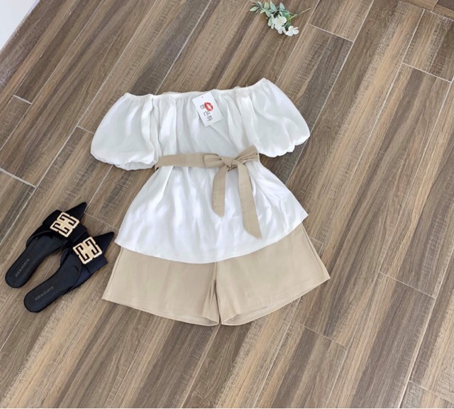 [Mã FAGREEN245 giảm 10% tối đa 30K đơn 99K] S313 Set Áo Trễ Vai Tay Bay Phối Quần Sooc Nữ Kèm Đai Rời Siêu Xinh | BigBuy360 - bigbuy360.vn