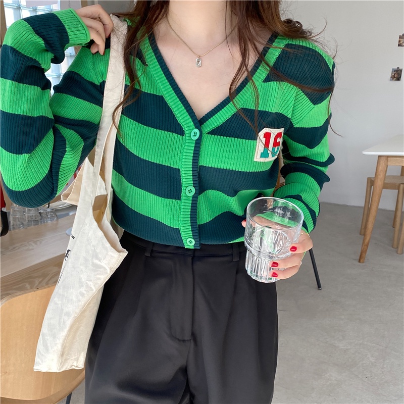 SUXI Áo Len Tay Dài Cổ Chữ V Họa Tiết Kẻ Sọc Phong Cách Retro Hàn Quốc