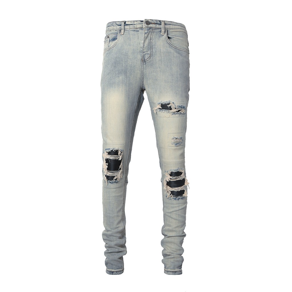 Quần Skinny Biker Jean Rách Gối Màu Xanh