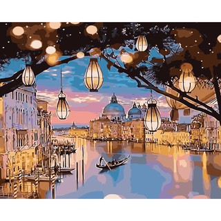 Tranh sơn dầu số hóa tự tô màu theo số có khung - [518] ĐÈN LỒNG TRÊN SÔNG (40*50cm)