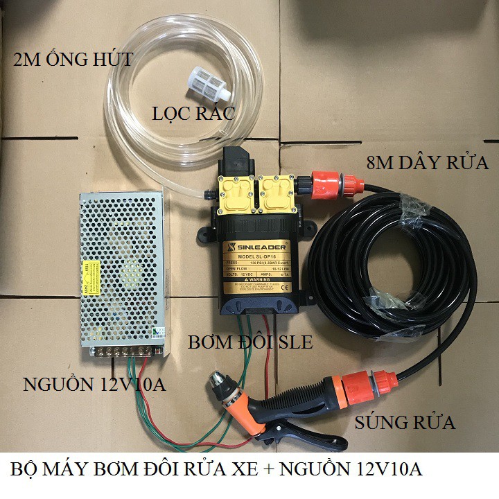 Máy rửa xe mini bơm đôi kèm nguồn tổ ong 10a siêu khỏe