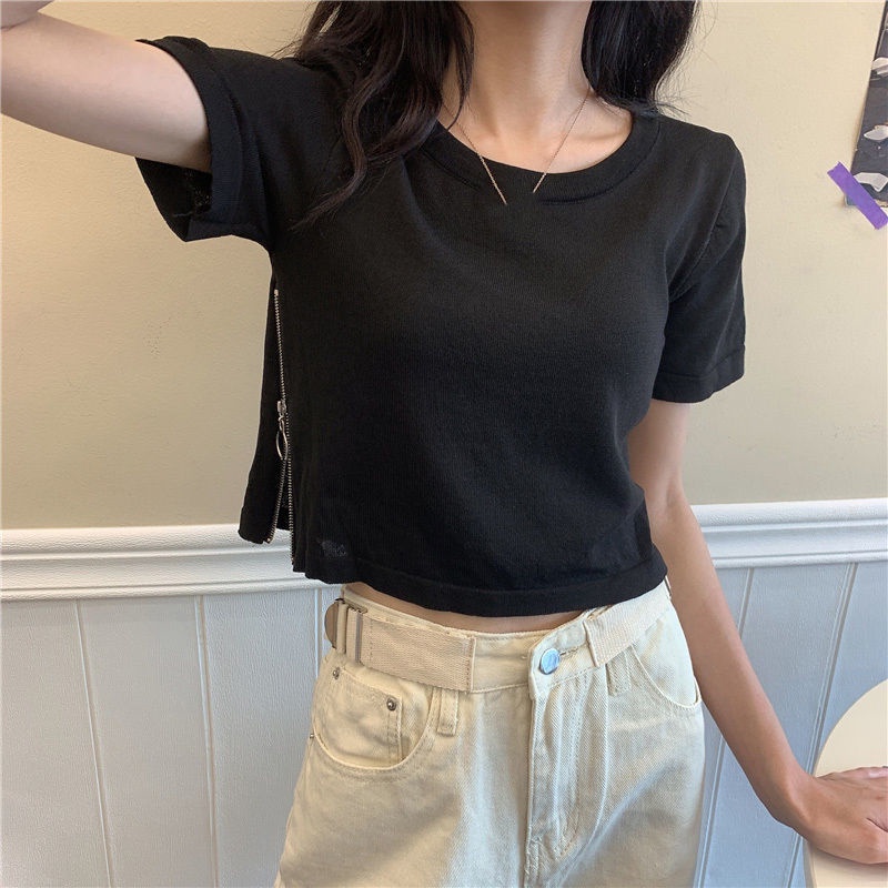 AMOI Áo Thun Cotton Tay Ngắn Có Khóa Kéo Thời Trang Cho Nữ