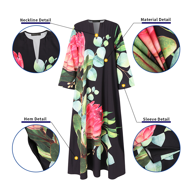 Đầm Maxi ZANZEA Tai Dài Cổ Chữ V Họa Tiết In Có Túi Hai Bên Cho Nữ