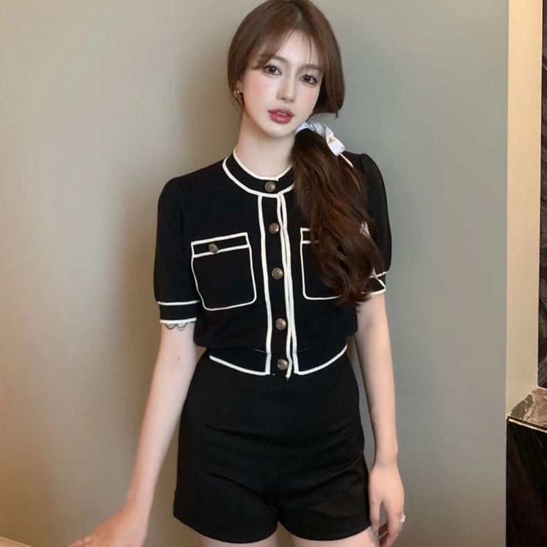 [Hana And Alice]  Áo Dệt Kim Tay Ngắn Vải Lụa Lạnh Mỏng Thời Trang Mùa Hè 2023 Small fragrance wind